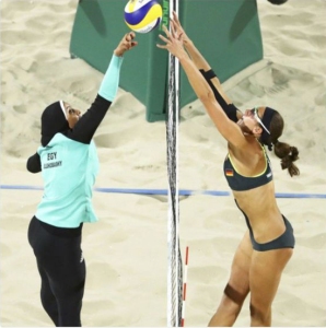 Doaa Elghobashy of Egypt competing in Beach Volleyball at the 2016 Olympic Games.  A perfect symbol of a nation in two worlds at once.